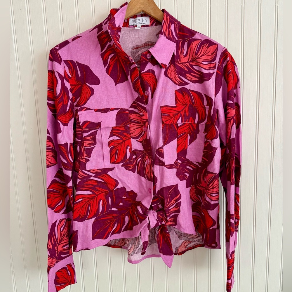 Sofia by Sofia Vergara Pink & Red Leaf Tropical Button Down Linen Shirt Size XS
